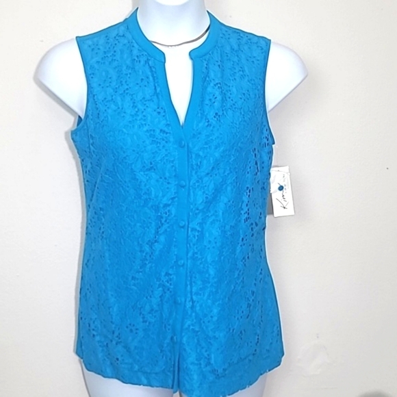 Button down blouse sleeveless Floral eyelet lace overlay turquoise blue M NWT - Picture 1 of 4